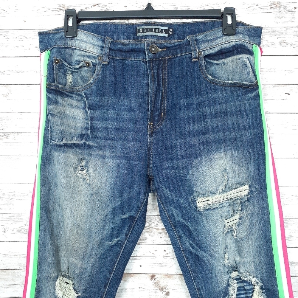 Decibel Mens Jeans 36/33 Side Tape Distressed 204 - Picture 2 of 7